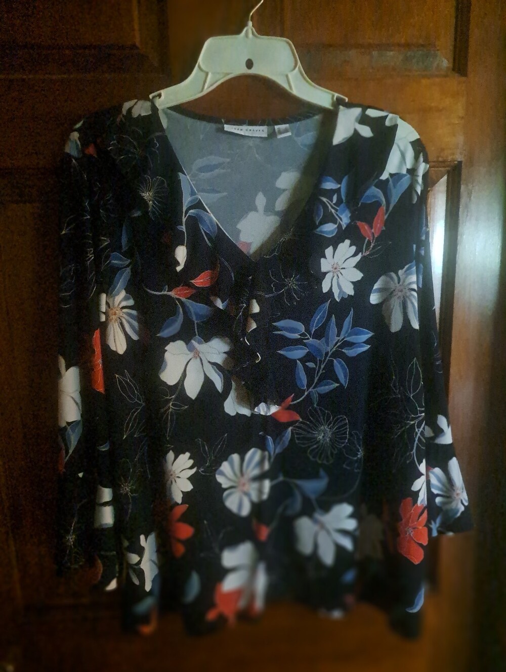 Susan Graver Black Floral V-Neck Long Sleeve Top with Blue & Red Accents
